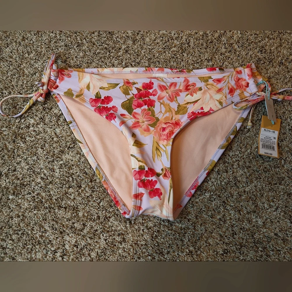 Kona Sol Pink and Cream Floral Bikini Bottom